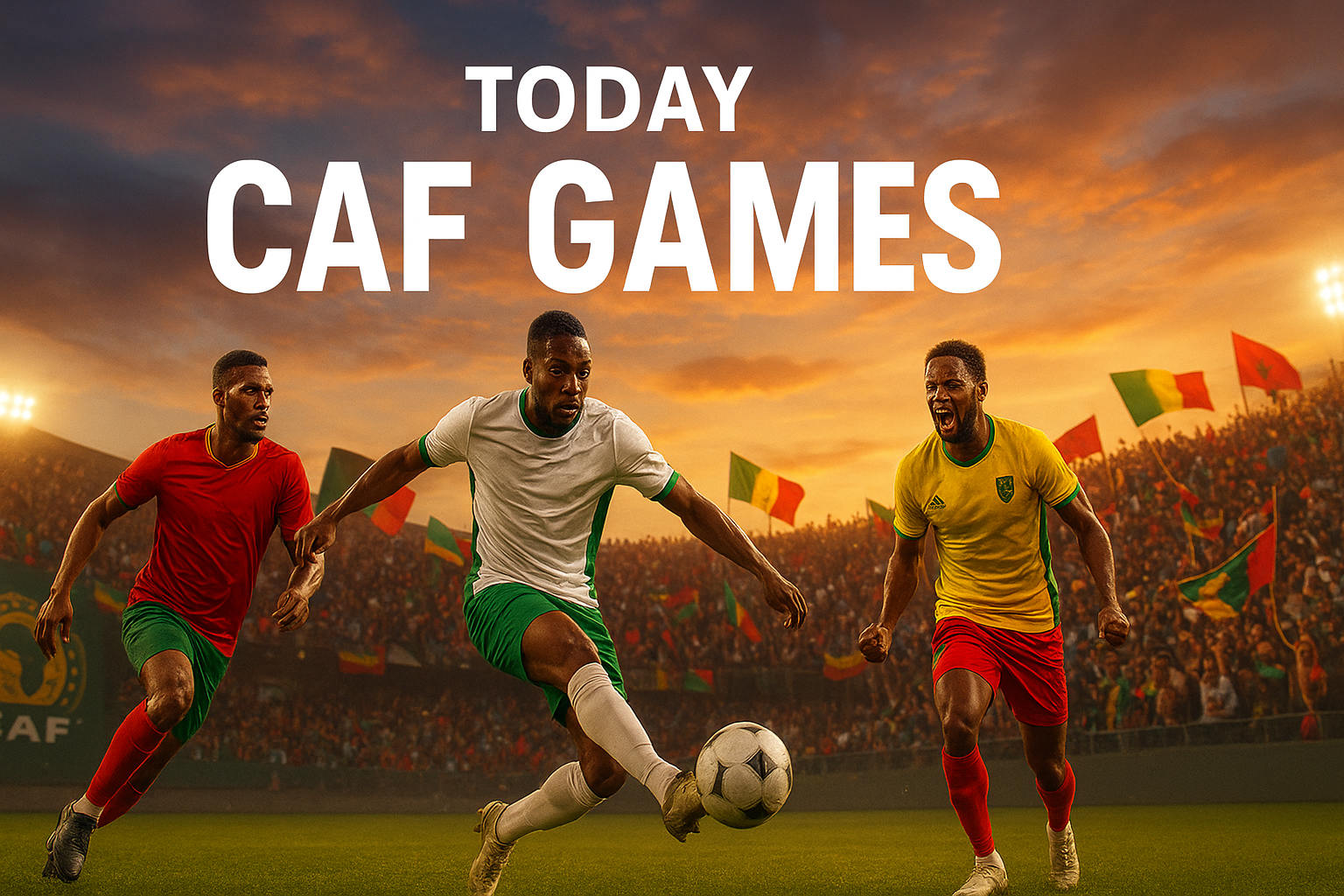 African footballers in action at sunset with cheering fans and flags, text reads “Today CAF Games.”