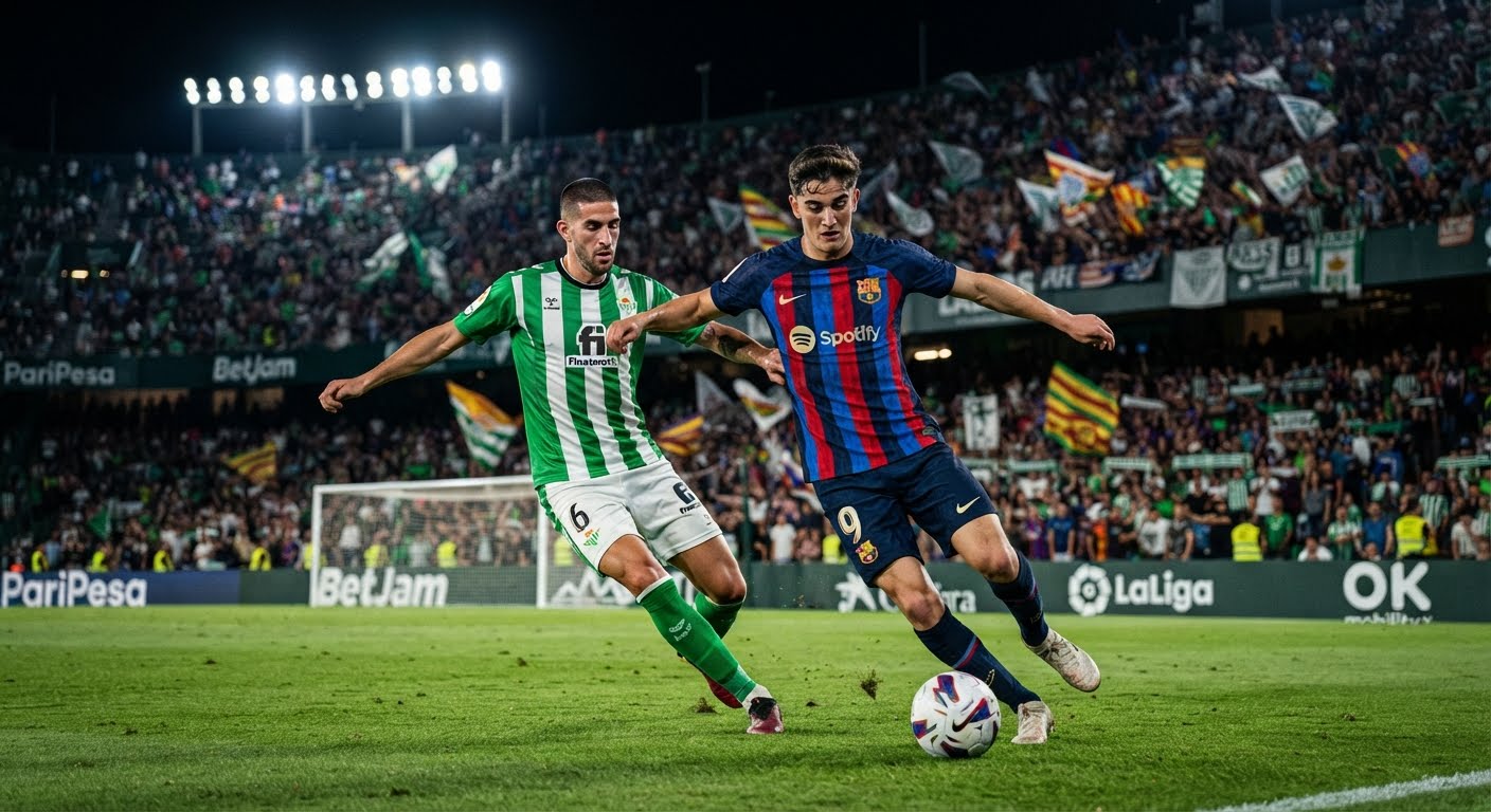 Action shot from a La Liga soccer match at night showing a FC Barcelona forward in a blue and red jersey dribbling a foo